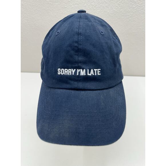 PAG Baseball Hat Navy Blue Sorry I'm Late Embroidered Text Adjustable Cap - Picture 2 of 8